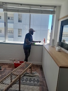Team member cleaning windows